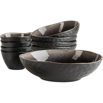 Серія Mser 934072 Niara Organic, сучасний набір чаш для 4 осіб у захоплюючому вінтажному вигляді, набір чаш із 9 предметів зі спеціальною комбінацією глазурі чорного та коричневого кольорів, керамограніт