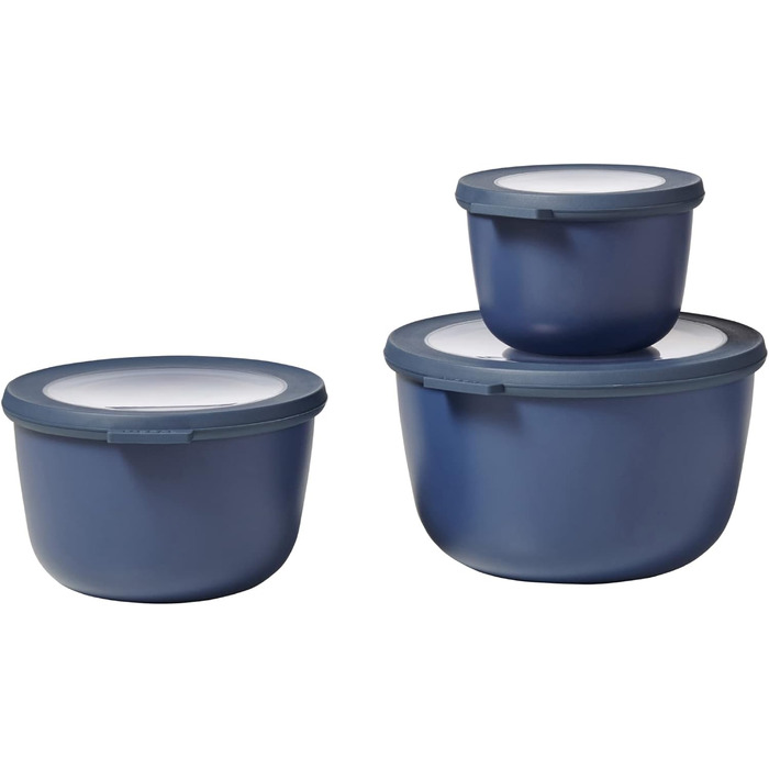 Круглий набір Cirqula Multi Bowl з 3 предметів - Банки для зберігання з кришкою - Підходить як ящик для зберігання, холодильник, морозильна камера та посуд для мікрохвильової печі - 350 мл, 750 мл і 1250 мл - (Скандинавський денім, набір 3 шт. и (500, 100