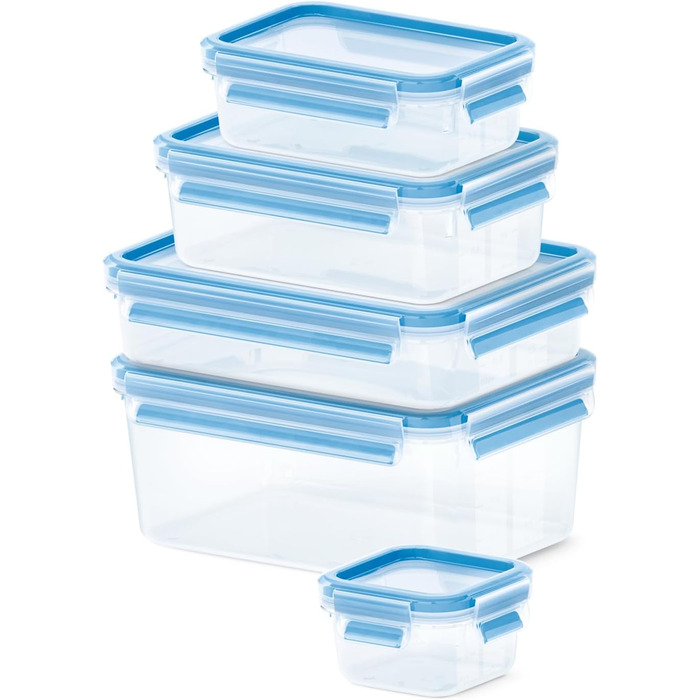 Набір контейнерів для зберігання харчових продуктів EMSA Clip & Close, прямокутні, 5 x 0,8 л, коробки для зберігання, 100 герметичні, придатні для миття в посудомийній машині, морозильної камери та мікрохвильової печі, прозорі, сині, зроблені в Німеччині,