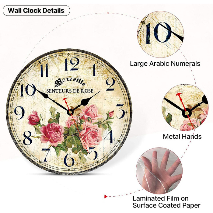 Настінний годинник з французьким ретро-квітковим візерунком Toudorp