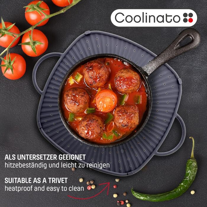 Силіконова підставка для посуду прямокутна 31x31 см з ручками, сірий Coolinato