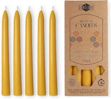Набір з 5 конічних свічок 2 х 30 см з бджолиного воску, жовтий Danilovo
