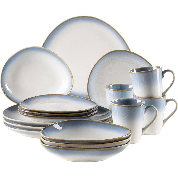 Сучасний набір посуду на 4 персони з унікальною формою та градієнтом кольорів від кремово-білого, 16 предметів у вінтажному вигляді, керамограніт (комбінований сервіз, синій), 931991, La Sinfonia