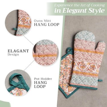Рукавички для духовки, прихватки для каструль Maison d&39 Hermine, 100 бавовна, термостійкі кухонні рукавички, рукавички для духовки (19 x 33 см) та прихватки для каструль (20 x 20 см) для приготування їжі, Морзін - Рукавички для духовки (19 x 33 см) та п