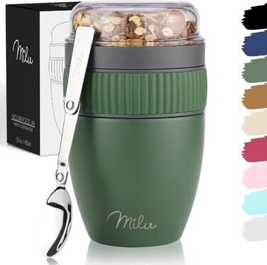 Стаканчик для пластівців Milu 400 мл з назвою MsliMax для йогурту герметичний стаканчик з ложкою (оливково-зелений, нержавіюча сталь)