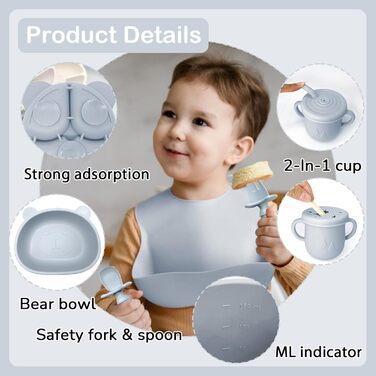 Силіконовий набір дитячого столового посуду Bizcasa з 9 предметів, нековзкий набір дитячого столового посуду, дитячий столовий посуд із присоскою, нековзна дитяча миска, дитяча тарілка, дитячий набір столових приборів для малюків, без BPA (сірий)