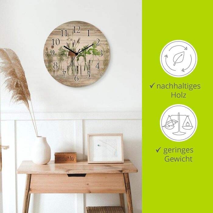 Настінний декор ARTLAND настінний годинник з дерева без цокання безшумний круглий Ø 30 см кухонний годинник кава капучино круасан T5XO Капучино та круасан (трави у пляшечках, кварцовий годинник)