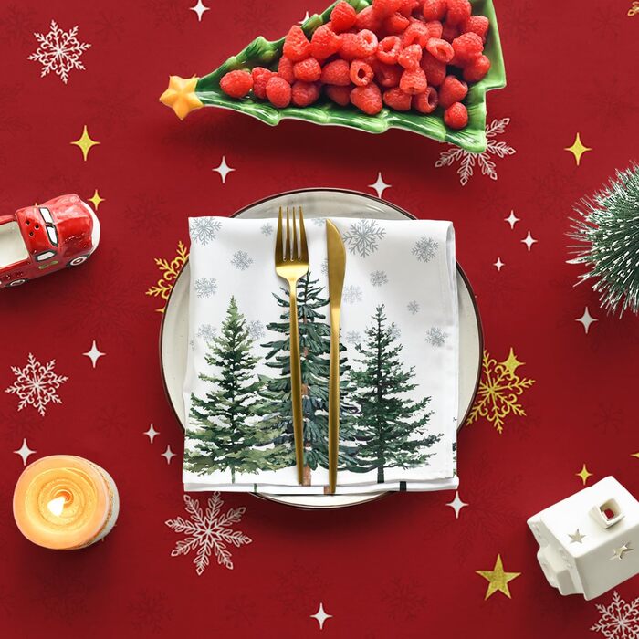 Модна різдвяна скатертина з червоними сніжинками, ялинками та зірками 140x110 см, зимова скатертина для захисту від плям, кухонна прикраса для вечірки 140 x 110 см червоного кольору