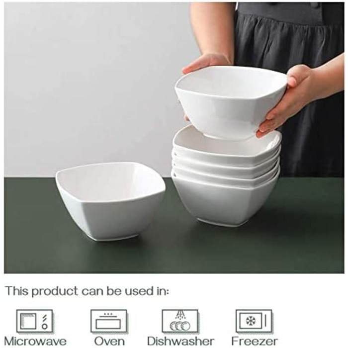 Мл Пластівці Набір з 6 шт. , білі квадратні миски для супу, порцелянові сервірувальні миски для закусок, салат, макарони, десерт, варення, можна мити в посудомийній машині та мікрохвильовій печі, 770