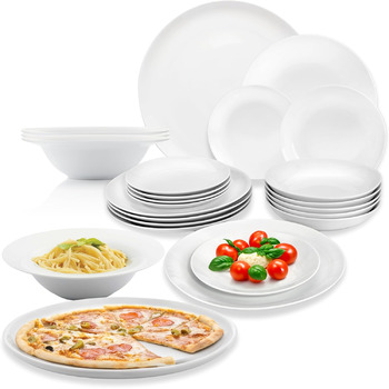 Тарілка для пасти New Port на 4 предмети, набір тарілок для пасти на 4 особи, порцелянова миска для пасти, глибока тарілка, яку можна мити в посудомийній машині, багатофункціональна миска біла 370 мл ПРЕМІУМ КОЛЕКЦІЯ (комбінований набір з 24 предметів)