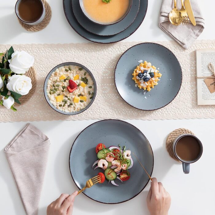 Столовий сервіз з керамограніту, набір посуду vancasso MODA, вінтажний вигляд, комбінований сервіз із 40 предметів з 8 обідніми тарілками, тарілками для тортів, суповими тарілками, мисками та чашками кожна (сірий, комбінований сервіз 20 шт. )