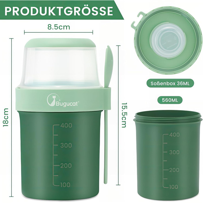Набір з 2 стаканчиків для пластівців 870 мл з ложкою, рожевий/зелений Bugucat