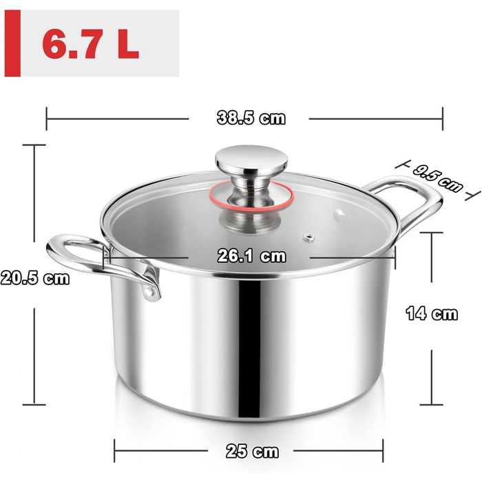 Каструля 6,7 л з нержавіючої сталі зі скляною кришкою 26 см Herogo