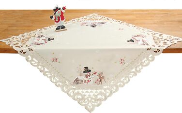 Різдвяна скатертина/доріжка HanaQi зі сніговиком та оленями, зимовий пейзаж з ажурною вишивкою, поліестер, колір екрю/крем - розмір на вибір (приблизно 38 x 108 см, овальна) (85 x 85 см (квадратна))