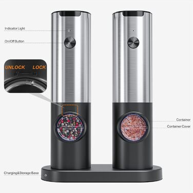 Млин для солі та перцю електричний з базою, що заряджається, 2 предмети, чорний/металік Littneo