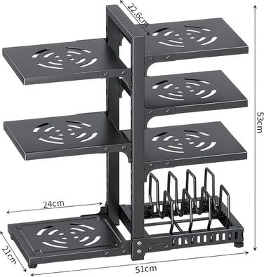 Органайзер для каструль HIMKI для шафи з регульованими відділеннями, тримач для каструль 4/5/7 рівнів, підставка для каструль з тримачем для кришки для кухонної шафи (7 рівнів, чорний)