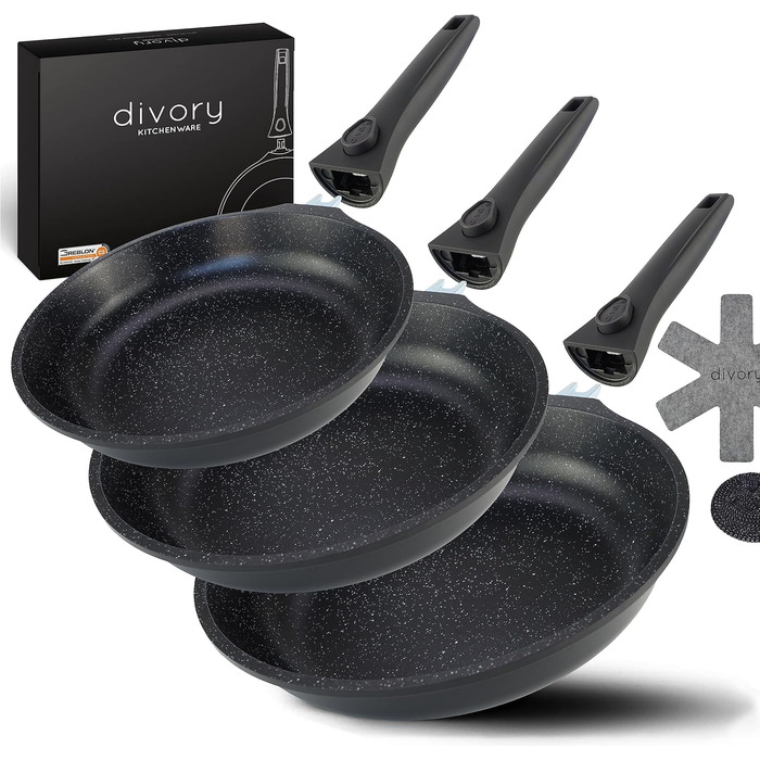 Набор из 3 сковород 20,24,28 см со съемными ручками, черные DIVORY