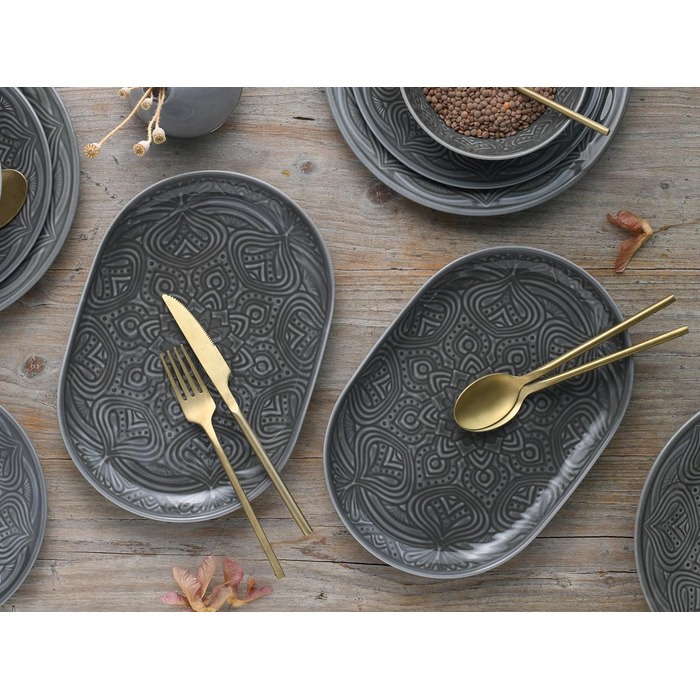 Серія Набір посуду Orient Mandala з 18 предметів, набір тарілок з порцеляни (набір тарілок 2 шт. и, камінь), 21627