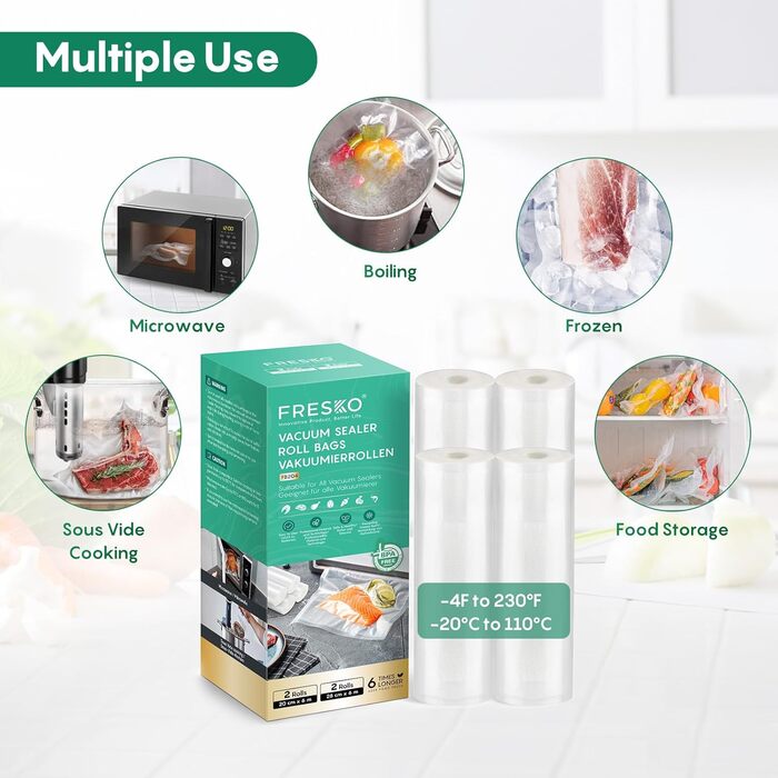 Вакуумні пакети FRESKO, 2 рулони, 28 x 600 см, професійні пакети для вакуумного пакування, розмір підходить для всіх вакуумних пакувальників, без BPA, тиснені повітряні канавки, пакети для заморожування методом су-від (2 рулони 28 x 600 см 2 рулони 20 x 6