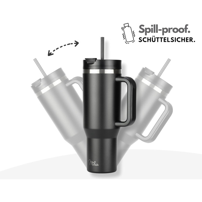 Термокружка 1200 мл с трубочкой и ручкой, черная Milu