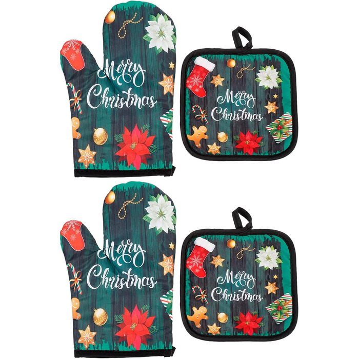 Різдвяний набір з 2 прихваток та 2 рукавичок для духовки, 4 предмети, зелений Beaupretty