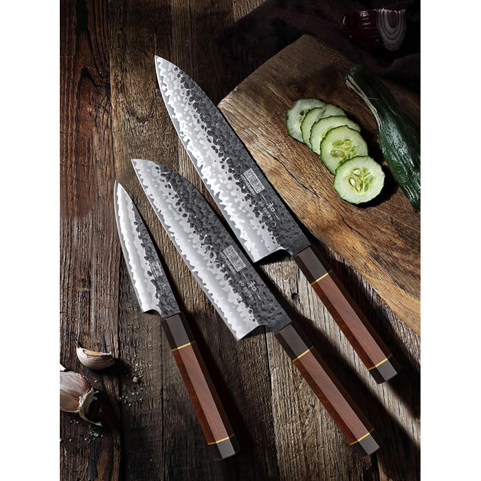 Ніж HOSHANHO Santoku Ніж ручного кування, ніж Сантоку Гостре лезо 18 см Кухонний ніж з японської серцевини VG10 Ніж для кухарів з ергономічною ручкою Подарункова коробка (набір ножів 3 шт.)