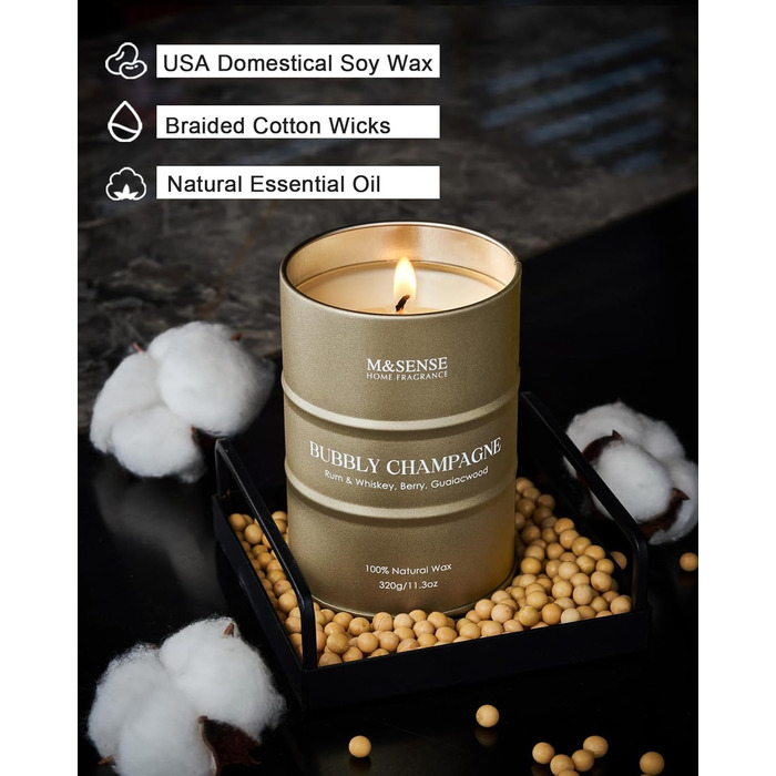 Ароматичні свічки M&SENSE з натурального соєвого воску, натуральна соєва свічка для домашнього декору, тривалий час горіння до 70 годин, стильні подарунки-свічки для чоловіків і жінок (320 г, ігристе шампанське)