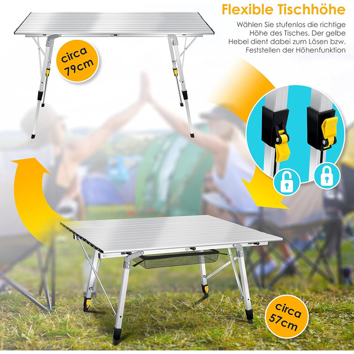 Стол для кемпинга KESSER складной стол с алюминиевой рамой Откидной стол на колесах Откидной стол Регулировка высоты, включая сумку для переноски с ремнем для переноски 90 x 53 см - до 30 кг, (120 см x 70 см, серебристый)