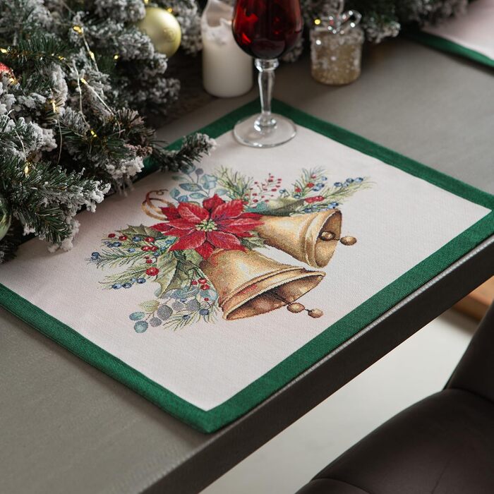 Різдвяна гобеленова скатертина Home of Christmas Скатертина на Різдво та Новий рік (Дзвіночок - Зелений (Без блискіток), Серветка 40x50 см)