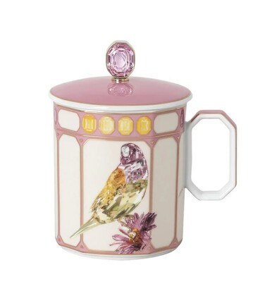 Кухоль з ручкою та кришкою 0,39 л Зяблик в рожевій рамці, IDYLLIA Swarovski x Rosenthal