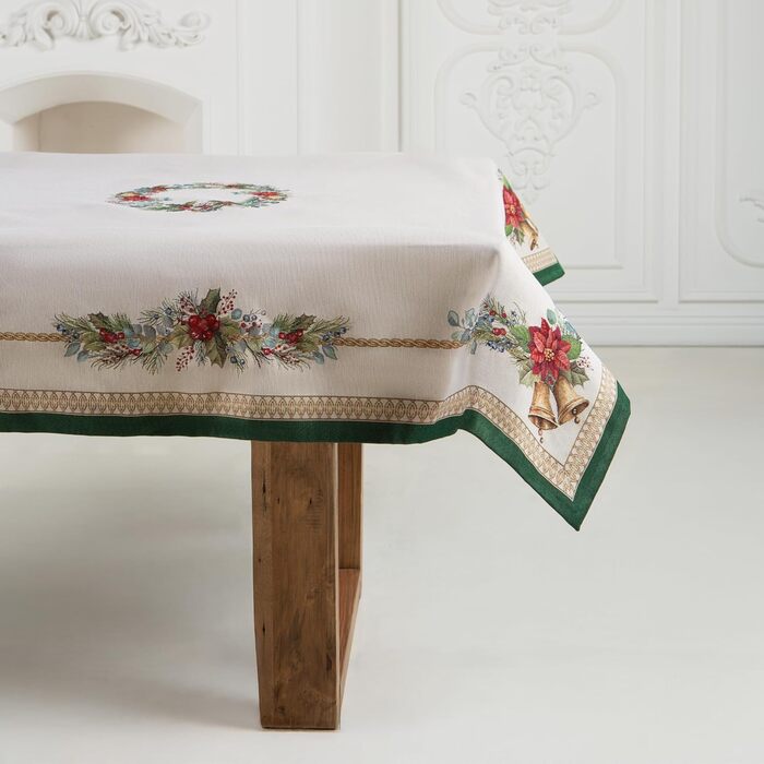 Різдвяна гобеленова скатертина Home of Christmas Скатертина на Різдво та Новий рік (Дзвіночок - Зелений (Без блискіток), 140x140 см)