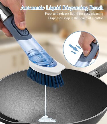 Щетка для посуды с дозатором для моющего средства с 4 сменными головками и держателем LEAZZLE