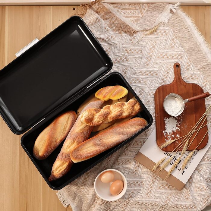 Хлібниця Herogo, Чорна хлібниця з відкидною кришкою, вінтажна металева коробка для зберігання Контейнер для хліба, тостів, печива, великої місткості та сучасного дизайну (42 x 22,5 x 16 см)