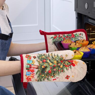 Набір з 2 різдвяних рукавичок для духовки та прихваток Arquiel, 100 бавовняні кулінарні рукавички, термостійкі кухонні рукавички для приготування їжі, різдвяний декор для кухні, подарунки для жінок (різдвяна ялинка 01, рукавички для духовки*2 прихватки*2)