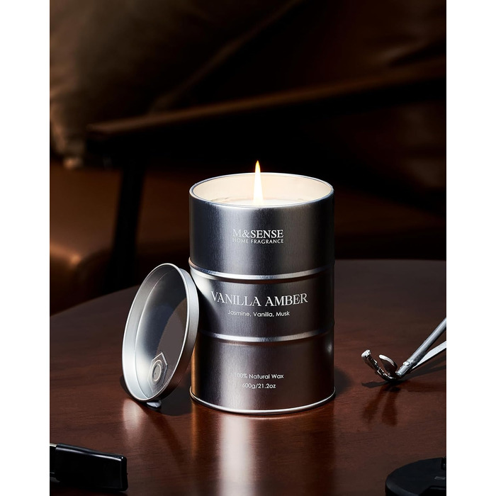 Ароматичні свічки M&SENSE з натурального соєвого воску, натуральна соєва свічка для домашнього декору, тривале горіння до 70 годин, класні подарунки-свічки для чоловіків і жінок (600 г, ванільно-янтарний)