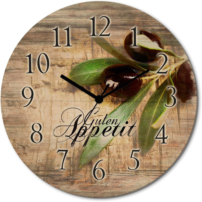 Настінний декор ARTLAND настінний годинник з дерева без цокання безшумний круглий Ø 30 см кухонний годинник кава капучино круасан T5XO Капучино та круасан (оливки, радіогодинник)
