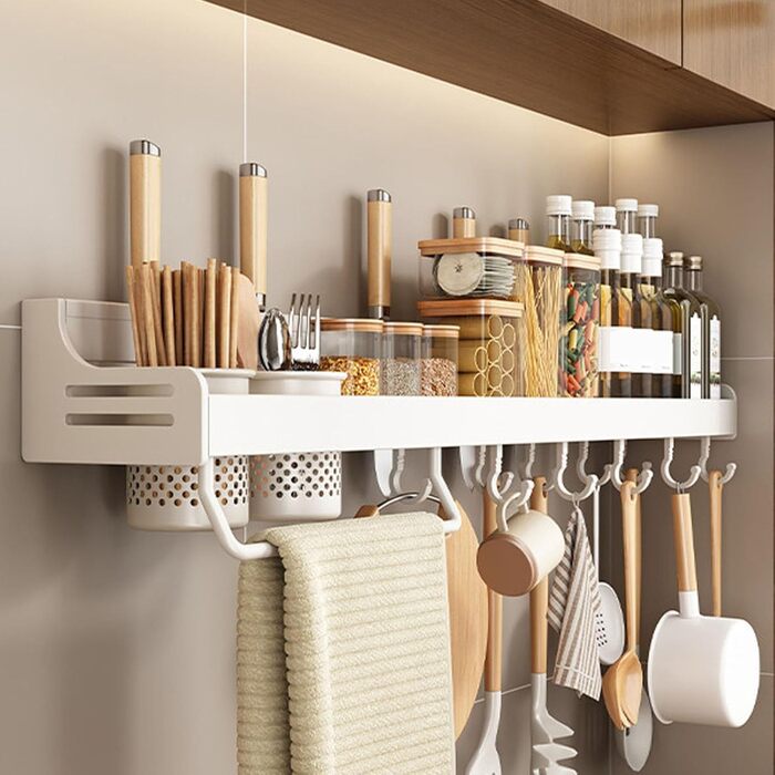 Підвісна підставка для спецій з металу, міцна кухонна полиця, настінна підставка для спецій, органайзер для спецій, кухонний органайзер, підставка для спецій з тримачем для рушників, Daojai, гачки та тримач для столових приборів, сіра, (80 см, білий)