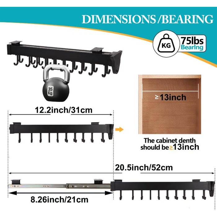 Підвісна підставка для каструль з гачками - регульований кухонний органайзер для каструль та сковорідок, розсувна рейкова полиця, вантажопідйомність 34 кг (12,2 дюйма/31 см, чорний)