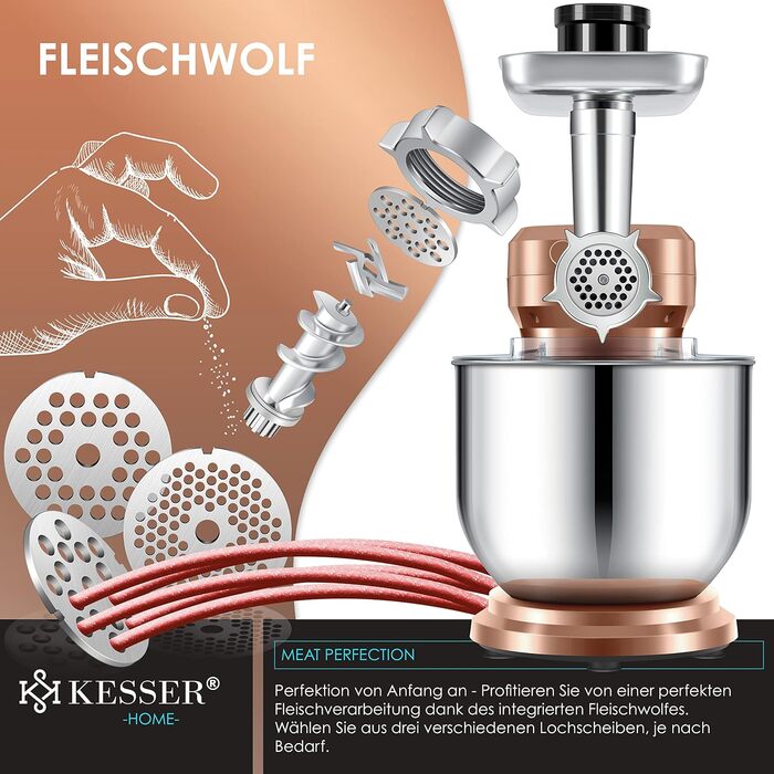 В 1 Универсальный кухонный комбайн K-KM 3000 с мясорубкой Тестомесильная машина Многофункциональный миксер Чаша 5,5 л с 3 инструментами для перемешивания, соковыжималка 1,5 л, набор колбас, формы для макарон и печенья черный (медь), 3