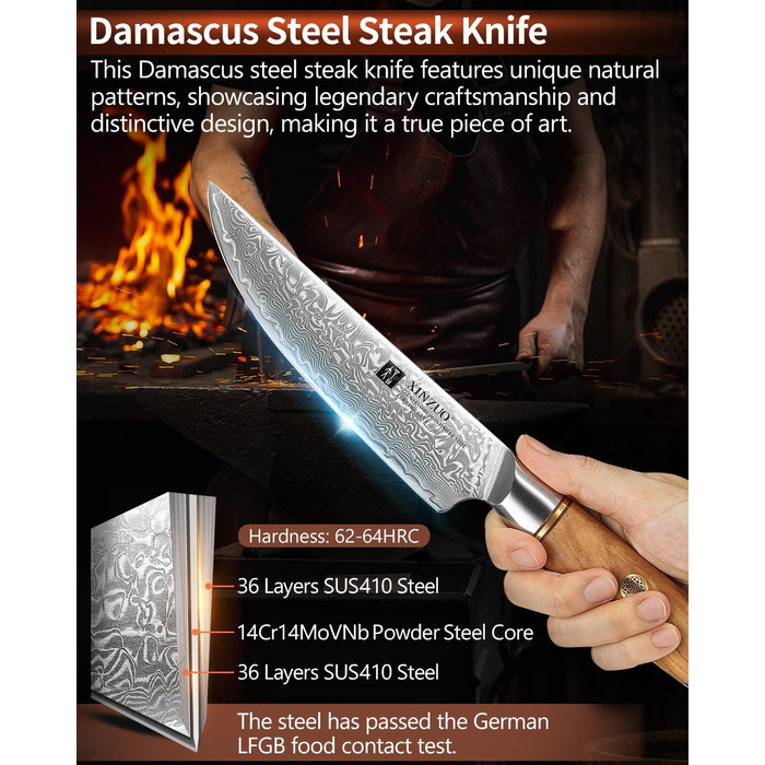 Набор из 4 ножей для стейка из дамасской стали 13 см с деревянным блоком XINZUO