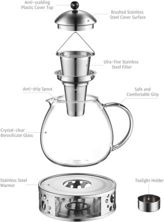 Скляний чайник 1500 мл із ситечком для чаю з нержавіючої сталі, велике боросилікатне скло Glastal