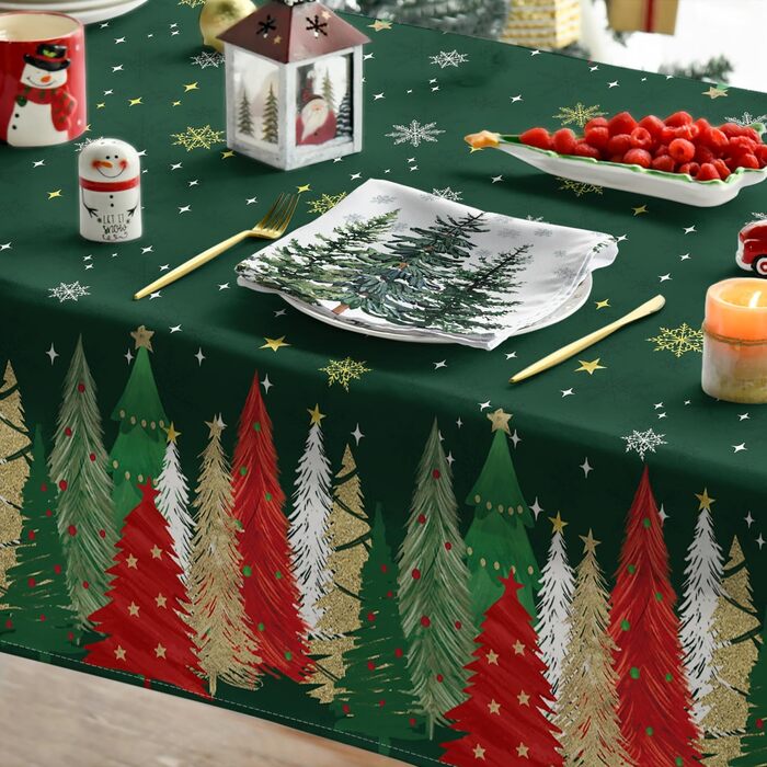 Модна різдвяна скатертина зі сніжинками, ялинками та зірками 140x110 см, зимова стійка до плям скатертина для кухні, декор для вечірки (140 x 220 см, зелена)