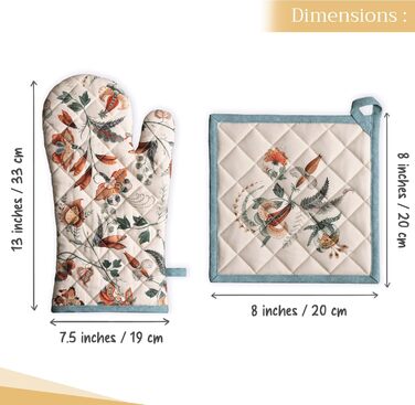 Рукавички для духовки, прихватки для каструль Maison d&39 Hermine, 100 бавовна, термостійкі кухонні рукавички, рукавички для духовки (19 x 33 см) та прихватки для каструль (20 x 20 см) для приготування їжі, Morzine - Рукавички для духовки (19 x 33 см) та 