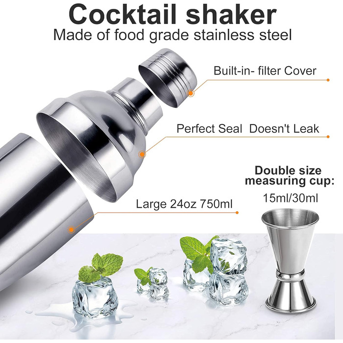 Коктейльний набір, барний набір шейкерів для коктейлів з нержавіючої сталі із 12 предметів з дерев'яною підставкою, шейкер 750 мл  (13 шт. ) AYAOQIANG