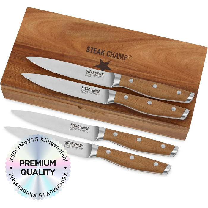 Вилка та ніж для стейка для м&39яса Steakchamp, 2 х 2 шт. виделки та ножі із сталевого леза, з мікрохвильовим помелом, набір з 4 шт., включаючи дерев&39яну коробку