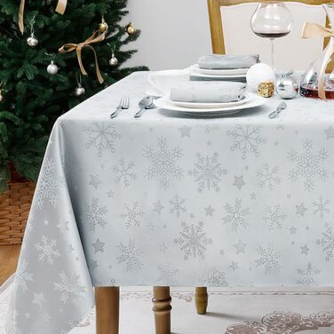 Велика різдвяна скатертина Romanstile, яку можна прати та вона водовідштовхувальна, жакардові зірки та сніжинки, квадратна скатертина XXL для зими, різдвяної прикраси, вечірки, Різдва (85 x 85 см, срібляста)