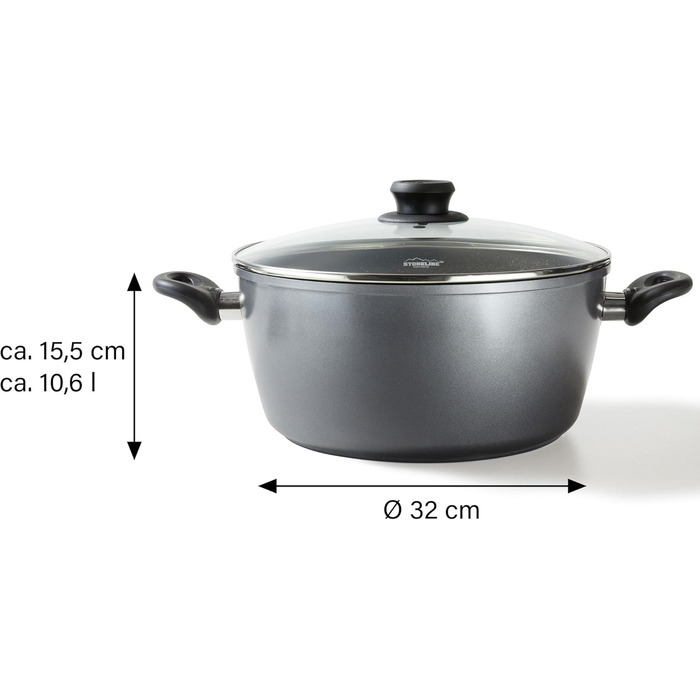 Каструля STONELINE XXL з литого алюмінію, велика, з кришкою, 7 л, антипригарне покриття зі справжніми кам&39яними частинками, індукційний посуд для всіх типів варильних поверхонь, духовка, приготування їжі без жиру та олії, сірий (32 см)
