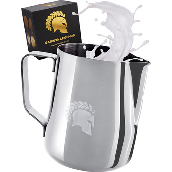 Глечик для молока Barista Legends з нержавіючої сталі 350 мл зі спеціальним носиком для лате-арту - Глечик для спінювання молока з високим глянцевим покриттям - Глечик для молока Barista з нержавіючої сталі - Аксесуари Barista (срібло 1000 мл)