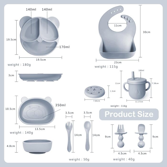 Силіконовий набір дитячого столового посуду Bizcasa з 9 предметів, нековзкий набір дитячого столового посуду, дитячий столовий посуд із присоскою, нековзна дитяча миска, дитяча тарілка, дитячий набір столових приборів для малюків, без BPA (сірий)
