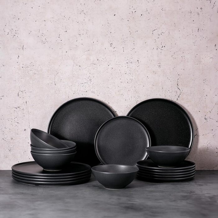 Набір посуду із керамограніту на 6 персон, 18 предметів, чорний матовий Nortea